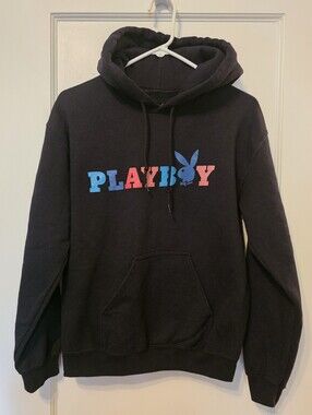 Playboy Hoodie Sweatshirt Small Black Colorblock Bunny Logo Sleeve Print